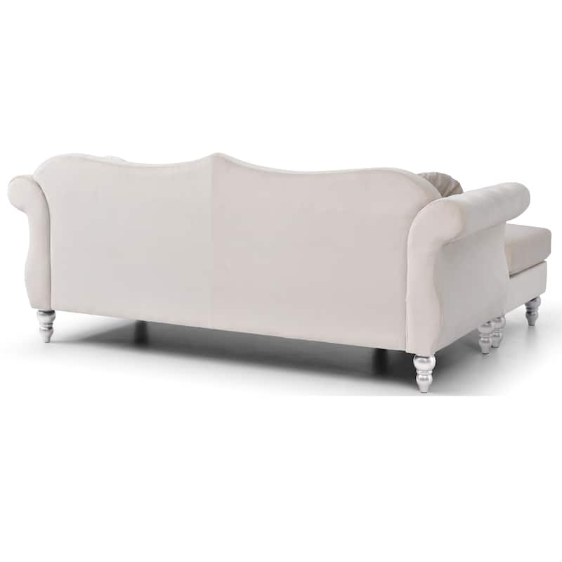 Tufted Velvet Chesterfield Sectional Sofa with Throw Pillows - 81" - Cream