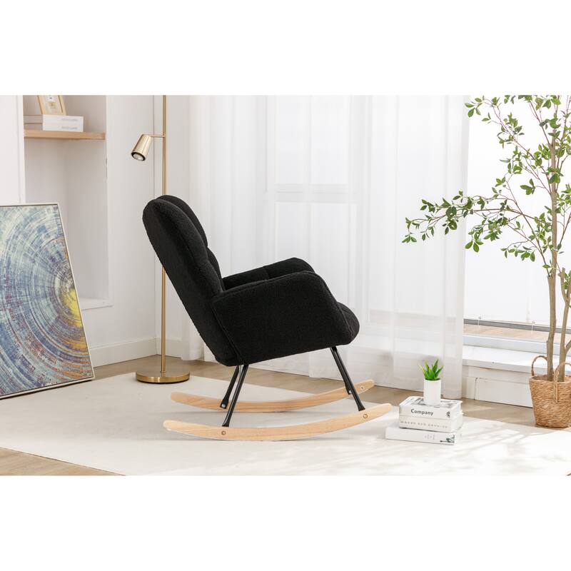 Teddy Fabric Upholstered Glider Rocker, Reading Chair with Thick Padded Seat, High Backrest Armchair with Wooden Legs
