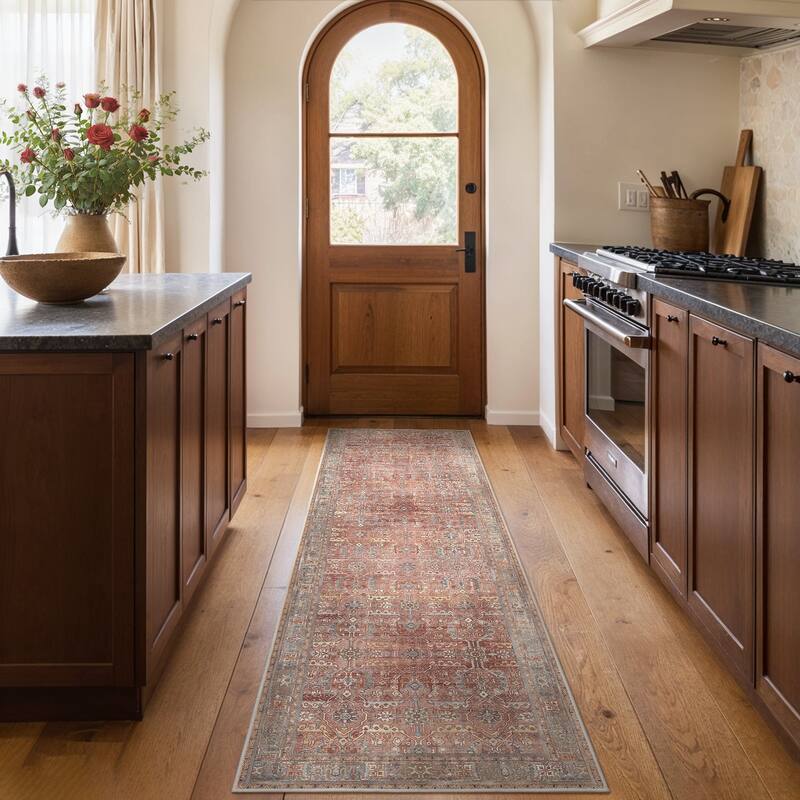 Mcow Floral Collection Machine-Washable Non-Slip Area Rug - 2' x 7' - Red - Runner