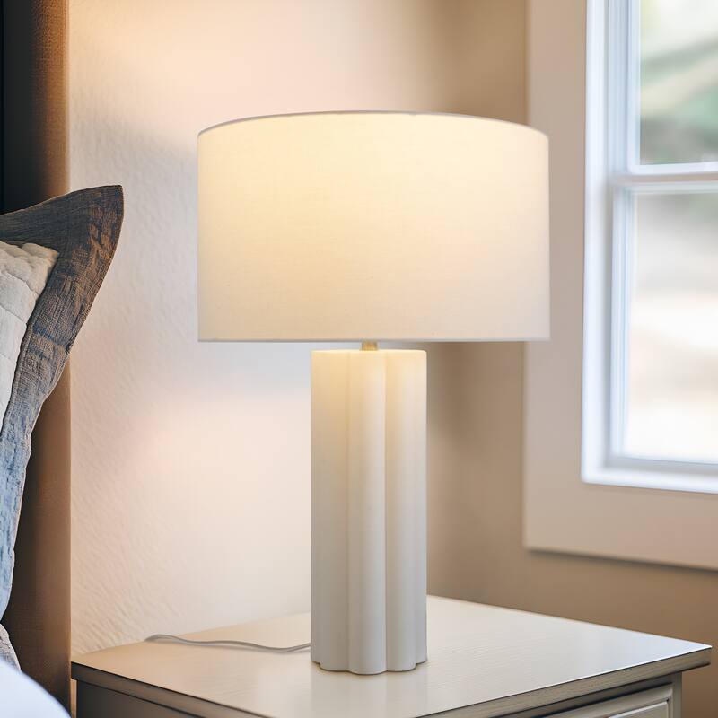 Brightech Becca 20.5" Off-White Cream Mid-Century 9W 800Lm 3000K LED Contemporary Round Table Lamp With Cream Cotton Drum Shade