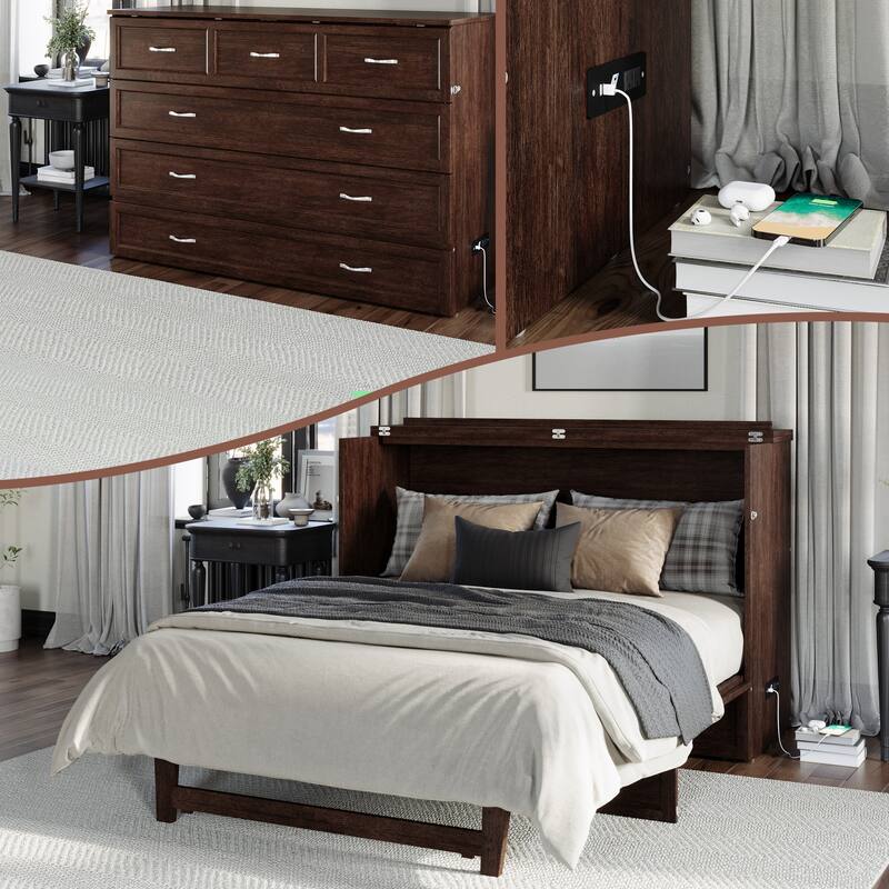 AFI Northfield Murphy Bed Chest with 6" Mattress, Storage Drawer & Built-In Charger - Burnt Amber - Queen
