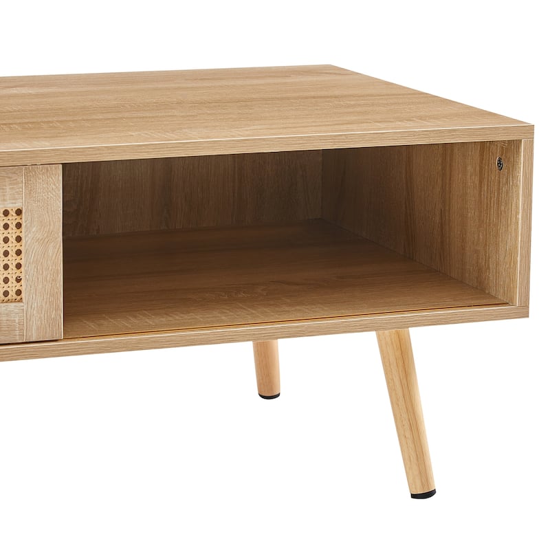 41.34" Farmhouse Coffee Table Featuring Sliding Door Rattan Coffee Table Center Sofa Table With Solid Wood Legs