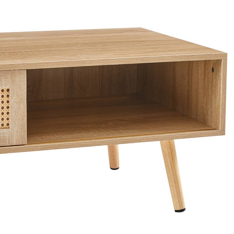 41.34" Rattan Coffee table, sliding door for storage, solid wood legs, Modern table