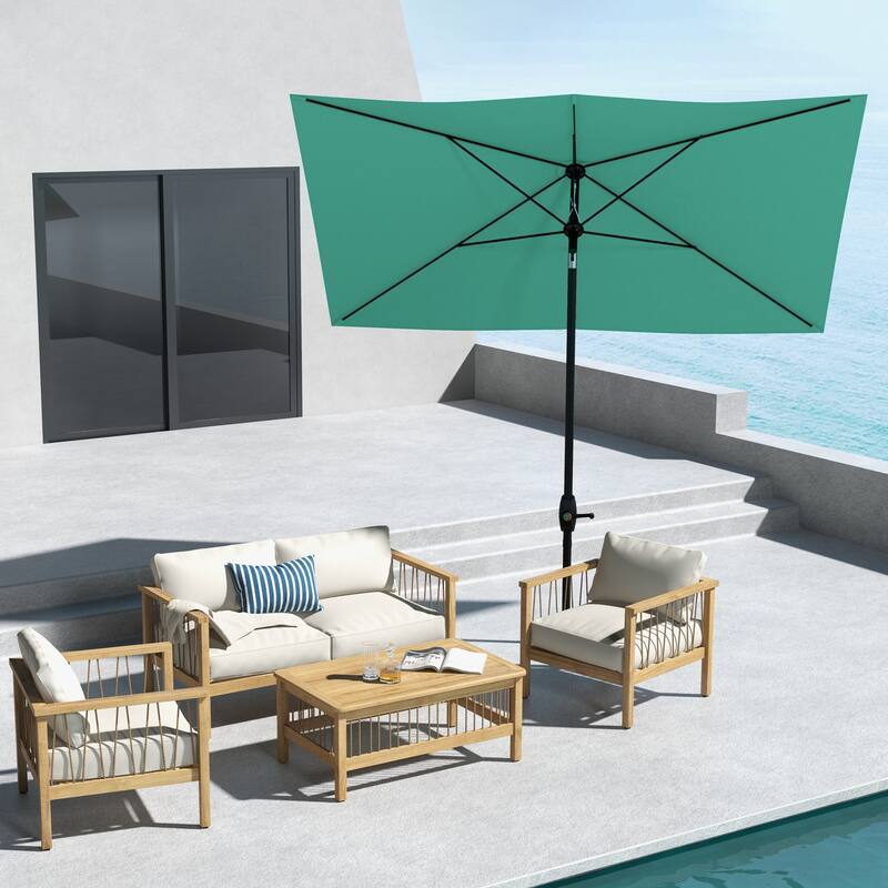 Rectangular Market Umbrella, Patio Outdoor Table Umbrella with Crank and Push Button Tilt, for Garden Backyard Pool Blue Teal