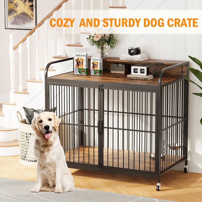 Dog Crate with Wheels, Adjustable Feeder, Storage Shelf, Table Top