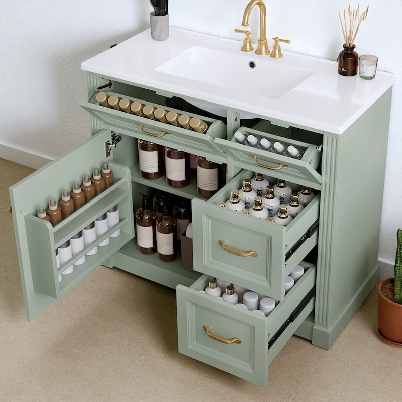 36" Bathroom Vanity with Ceramic Sink, 4 Drawers, Soft-Close Door and Adjustable Shelf, Modern Storage Cabinet