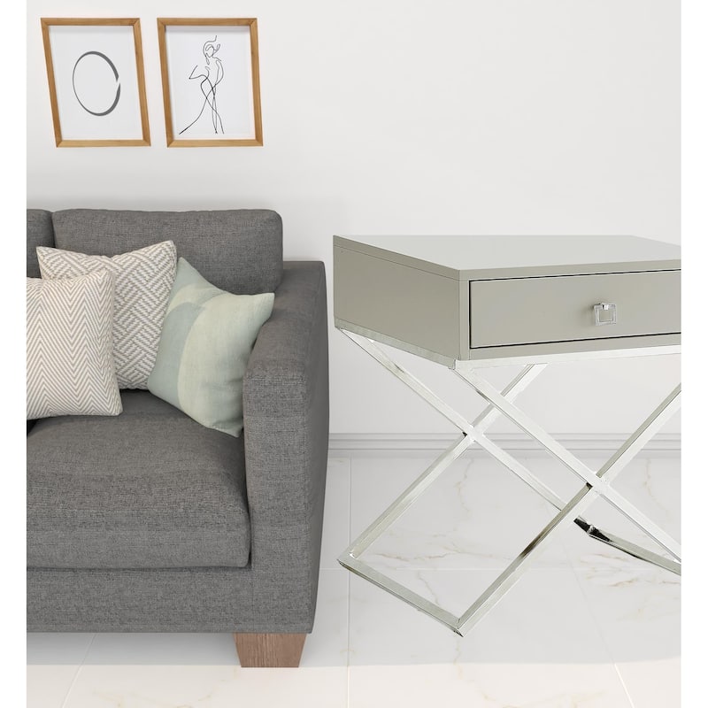 25" Silver Metallic and Light Gray End Table with Drawer