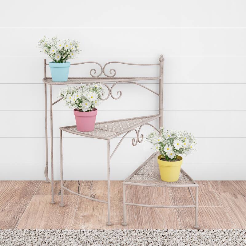 3-Tier Indoor or Outdoor Folding Spiral Stair Wrought Iron Plant Stand by Pure Garden (Antique White) - White