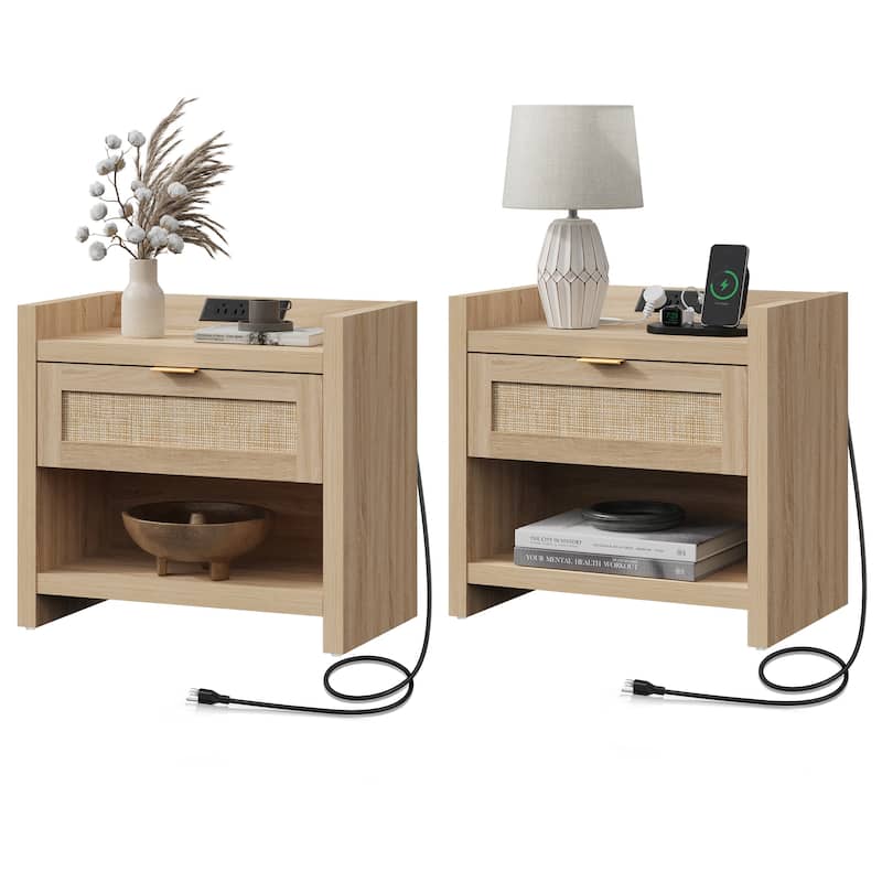 SICOTAS Farmhouse Set of 2 Nightstand with Charging Station and Drawers - Light Oak - 1-drawer