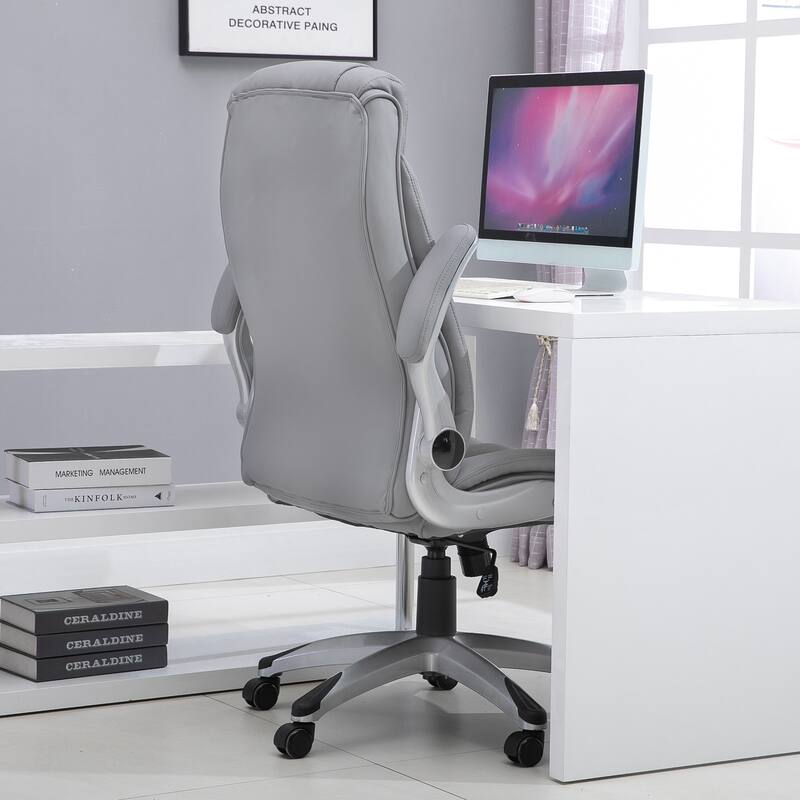 High Back 360° Swivel Ergonomic Home Office Chair with Flip Up Arms, Faux Leather Computer Desk Rocking Chair, Grey