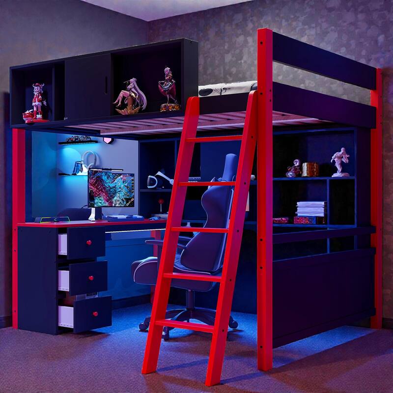 Full Size Gaming Loft Bed with Desk, LED Light, Storage Shelves and Drawers, Wood Loft Bed Frame for Teens Kids