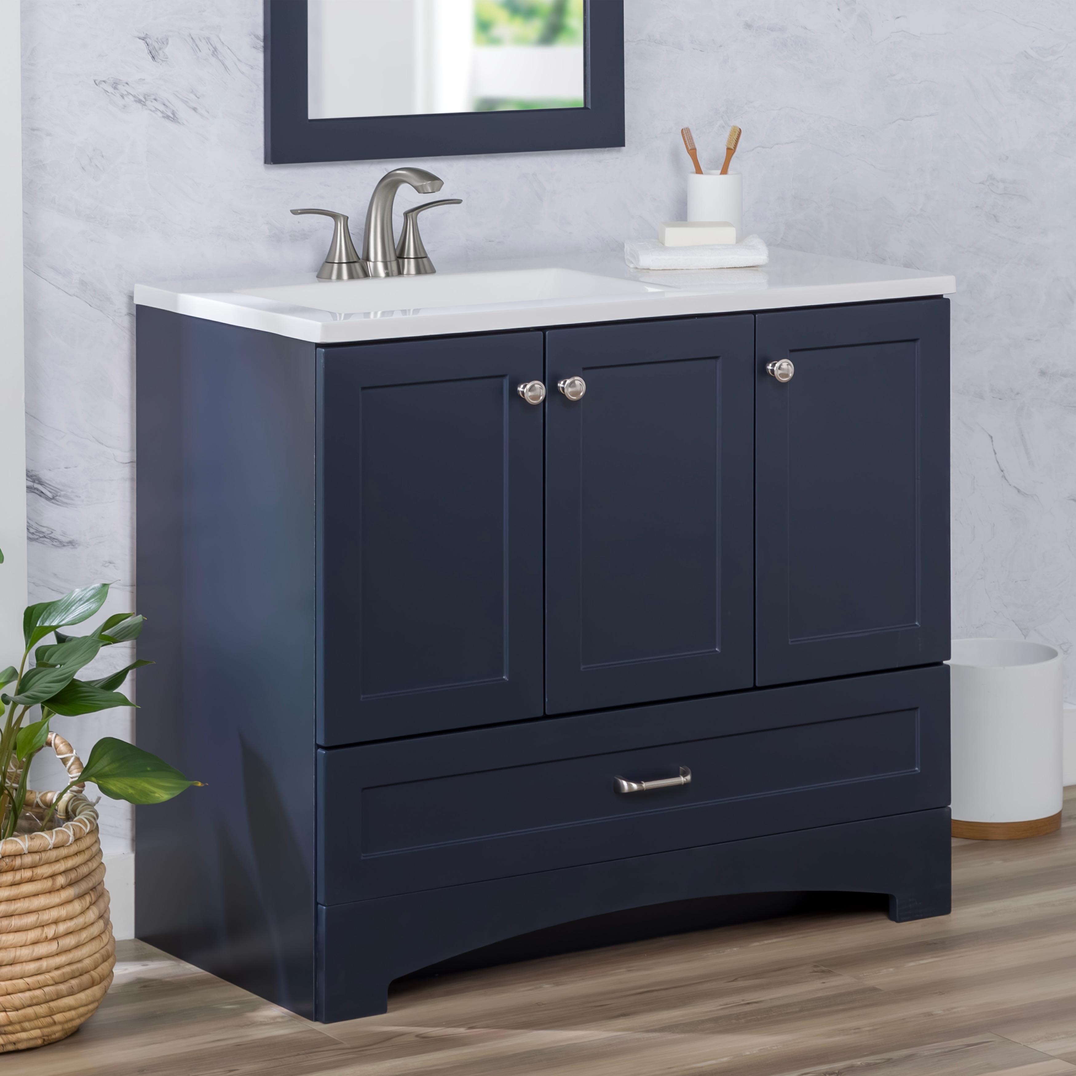 Spring Mill Cabinets Emlyn 36.5" Bathroom Vanity With Shelves, Drawer, and White Sink Top