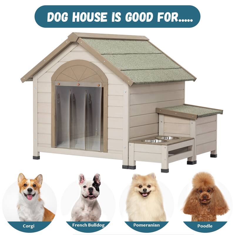 Outdoor Elevated Wooden Dog House with Storage Box, Weatherproof, Feeding Bowl, Suitable for Small and Medium Dogs