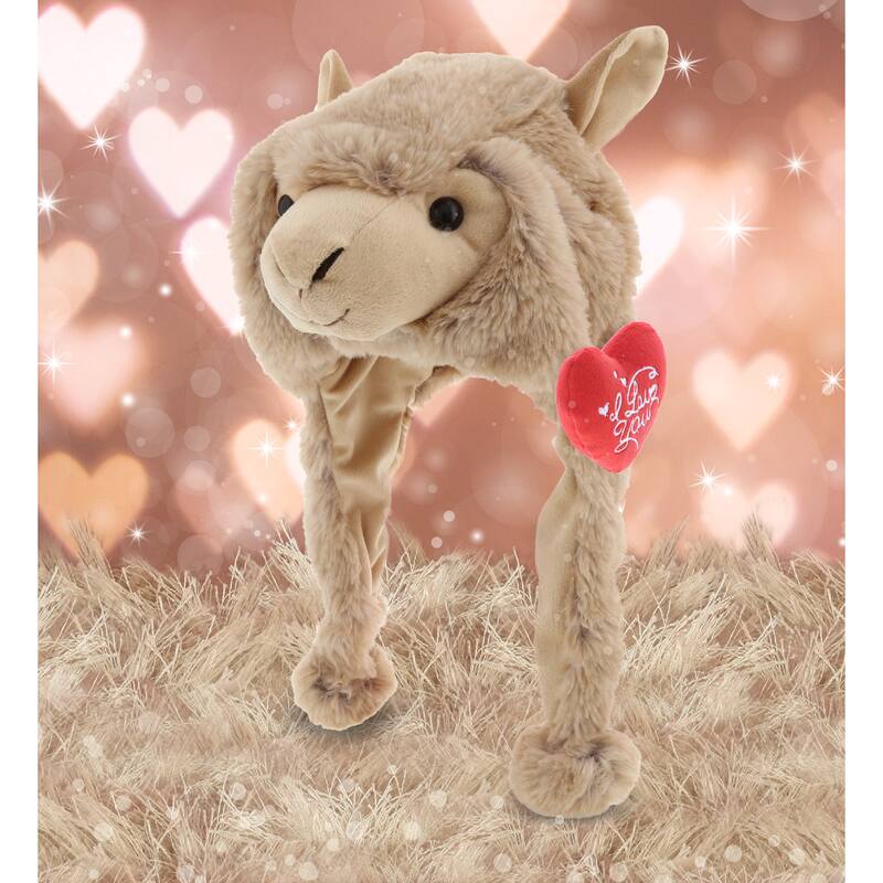 DolliBu I LOVE YOU Brown Llama Plush Hat - Cute Hat with Red Heart - 16.5 inches