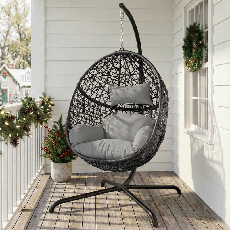 Oversized Egg Chair with Stand, 450 lbs Heavy-Duty Outdoor/Indoor Wicker Hanging Basket Chair - Light Grey