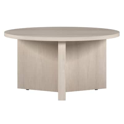 32" White Wood Coffee Table Round Modern Farmhouse Centerpiece with Cross Legs for Living Room - 32"L x 32"W x 17"H