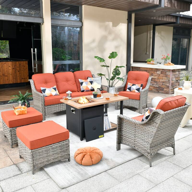 HOOOWOOO 6-piece Wicker Patio Furniture Set with Fire Pit Table
