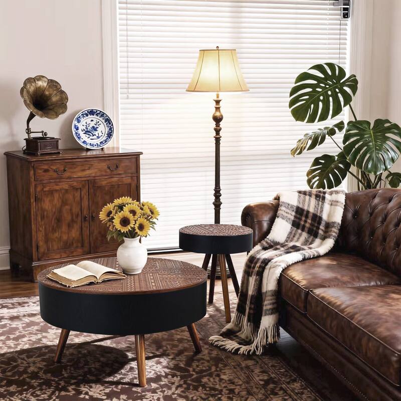 GDFStudio Veyrion Carved Round Coffee Table with Storage and Mid-Century Modern Design