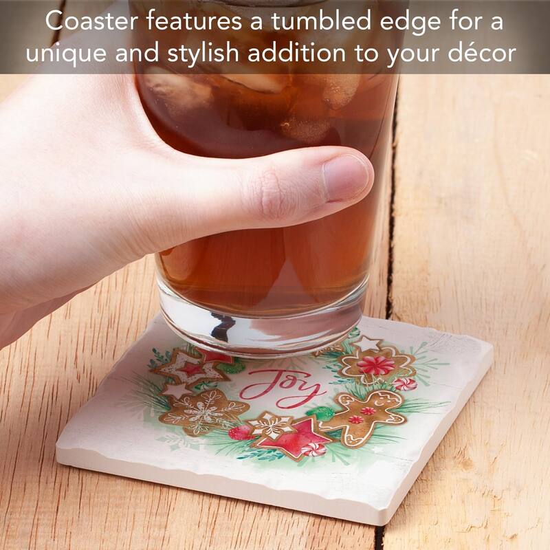 Gingerbread Joy 4 Pack Tumbled Tile Stone Coaster with Protective Cork Backing Made in The USA 4" Square, Artistic, Wipes Clean
