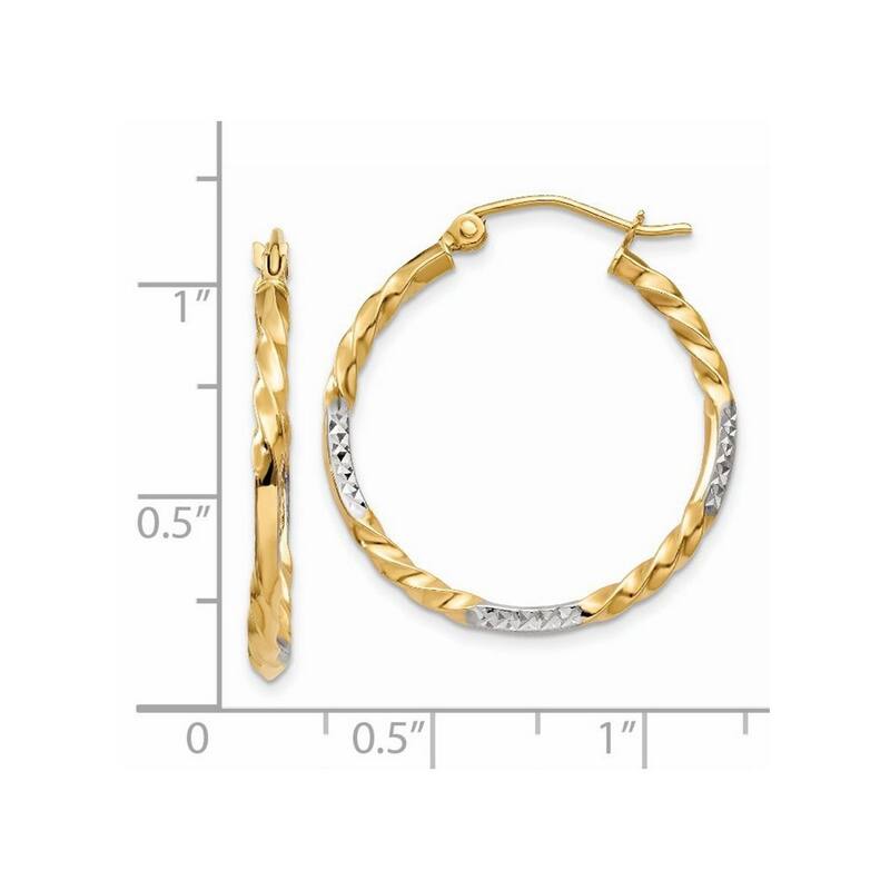Curata 14k Yellow Gold and Rhodium Sparkle Cut 27x2mm Twisted Hoop Earrings