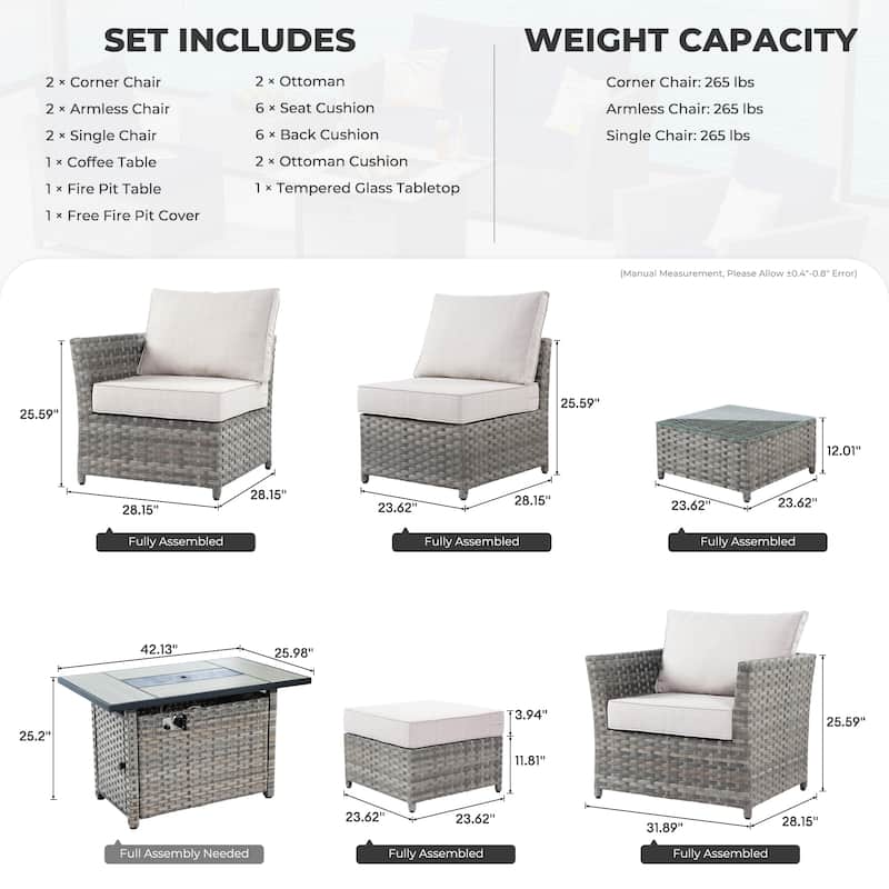 HOOOWOOO 10-piece Outdoor Furniture Rattan Sectional Set with Fire Pit Table.