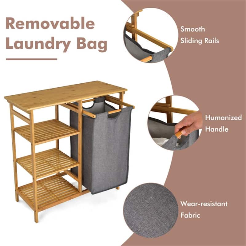 Natural Wicker Laundry Hamper Stand with Shelves & Removable Bag - 31.5" x 13.5" x 32" (L x W x H)