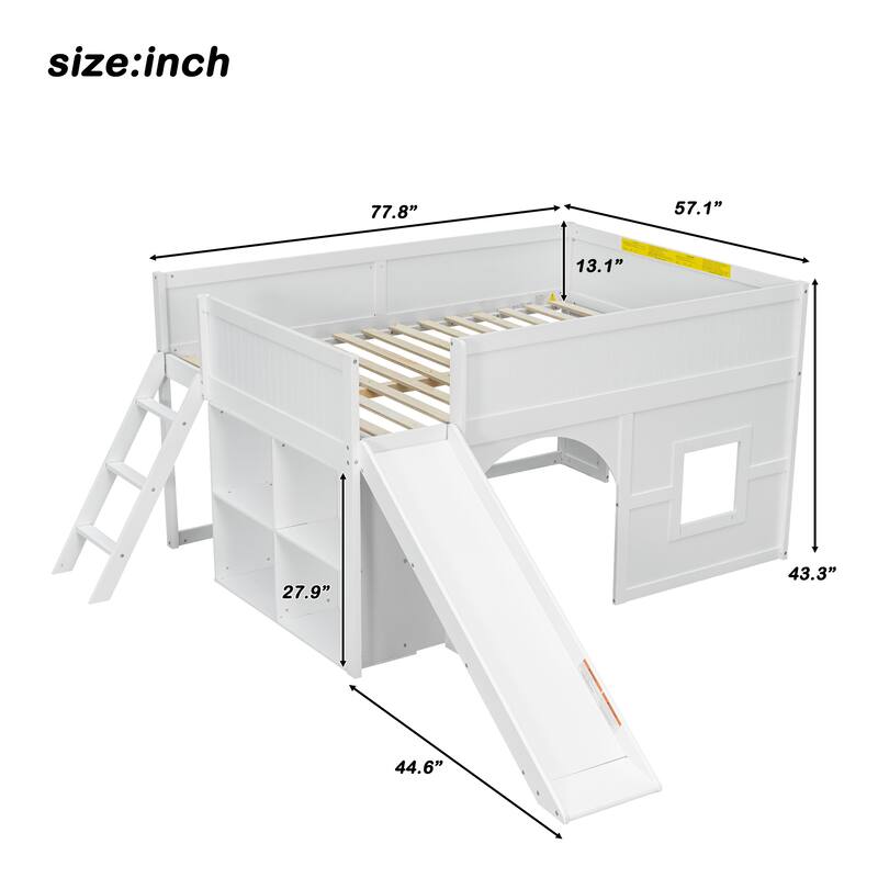 GDFStudio - PlayHaven Modern Wooden Low Loft Bed with Storage Shelves and Slide