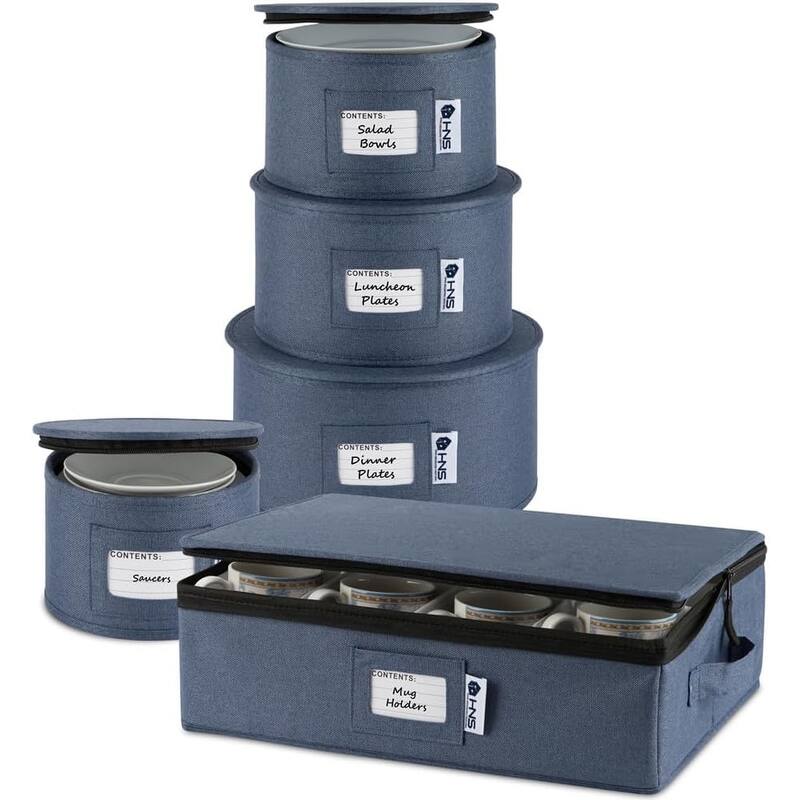 Hard Shell China Storage Containers 5-Piece Set Moving Boxes for Dinnerware, Glasses, Plates, Mugs and Saucers - Denim Blue