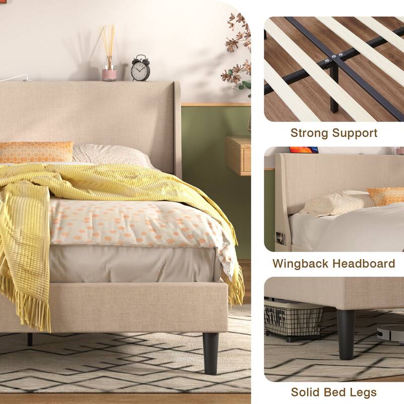 VECELO Bed Frame with Upholstered Wingback Headboard,Platform Bedframe with Charging Station & Side Pockets