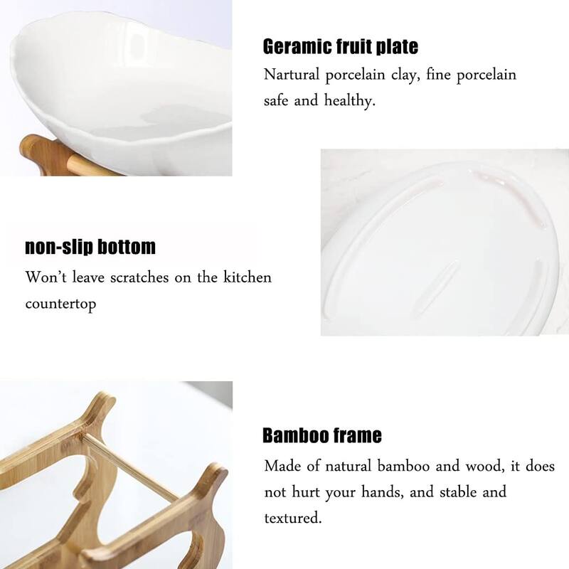 3 Tier Ceramic Fruit Bowl With Bamboo Wood Stand for Kitchen Counter,Porcelain Fruit Basket for Vegetable Storagee