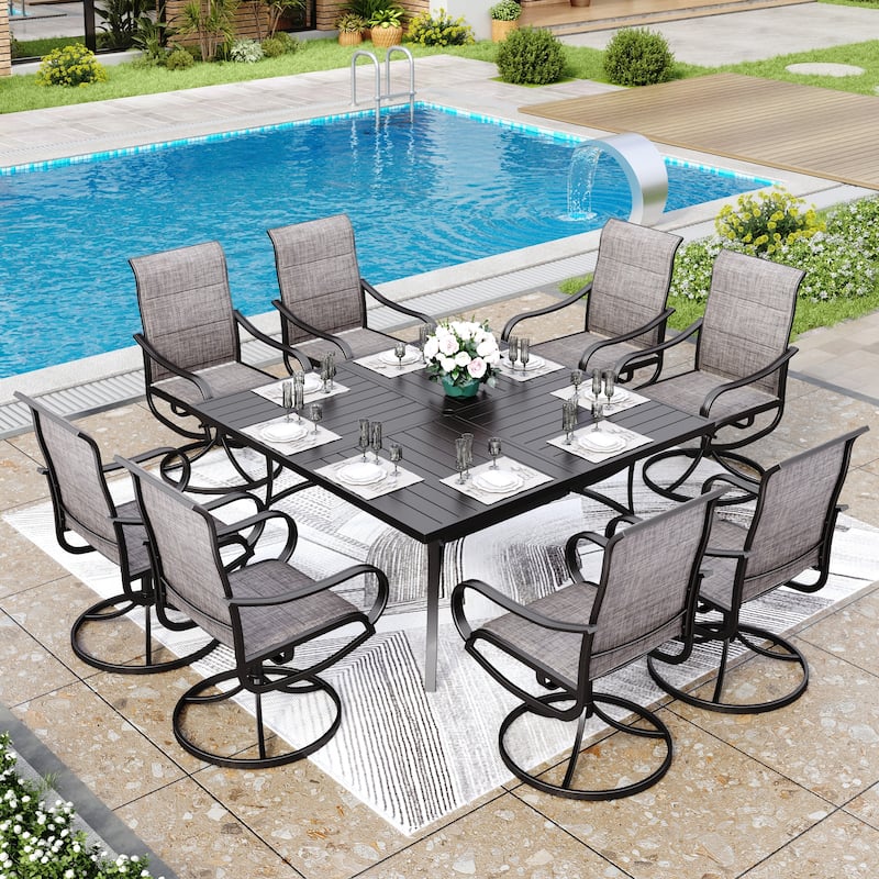 MAISON ARTS 9 Pieces Patio Dining Set, 60 Inch Square Metal Table and Sling Dining Chairs - Padded Taupe