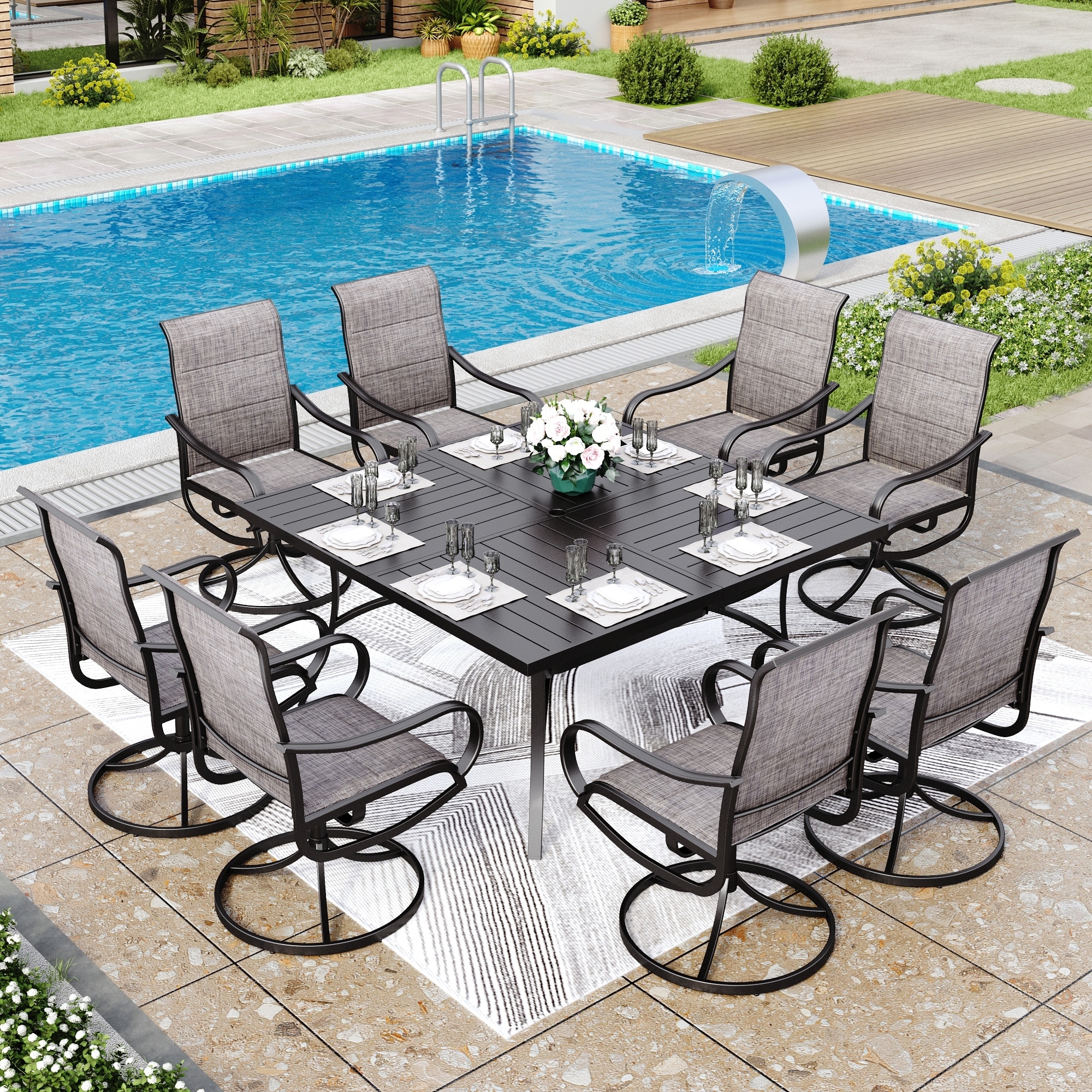 MAISON ARTS 9 Pieces Patio Dining Set, 60 Inch Square Metal Table and Sling Dining Chairs