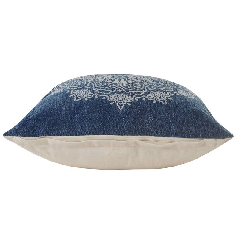 20" Navy Blue and Cream Medallion Square Throw Pillow