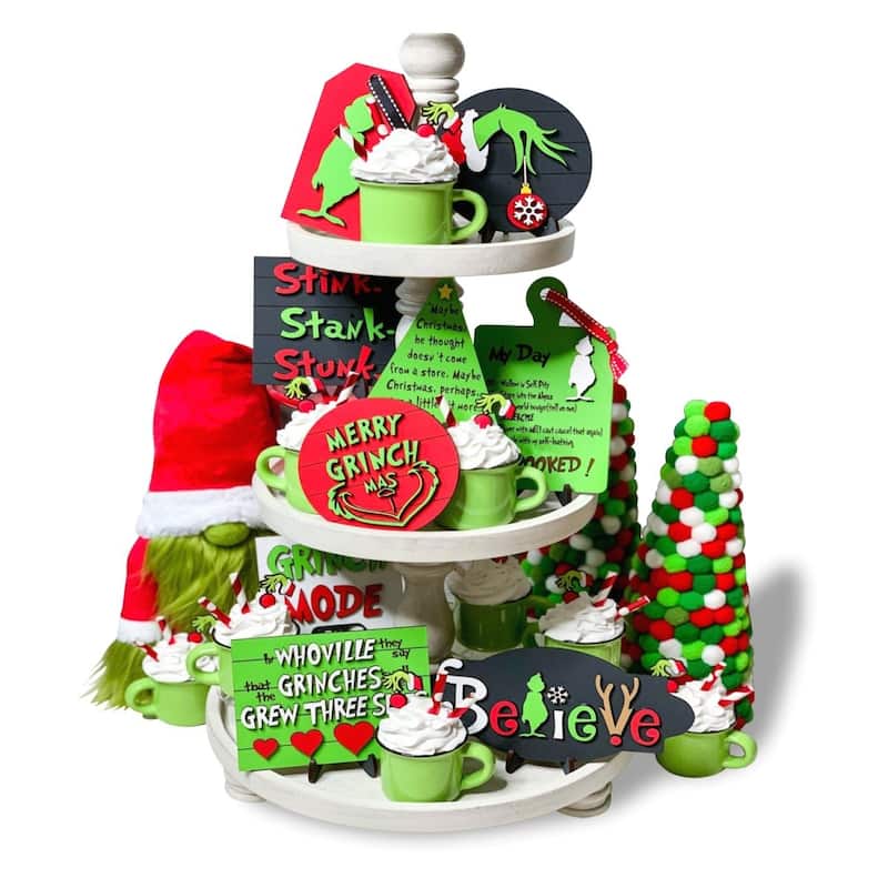 9PCS Christmas Tiered Tray Decor Wooden Signs Table Decorations