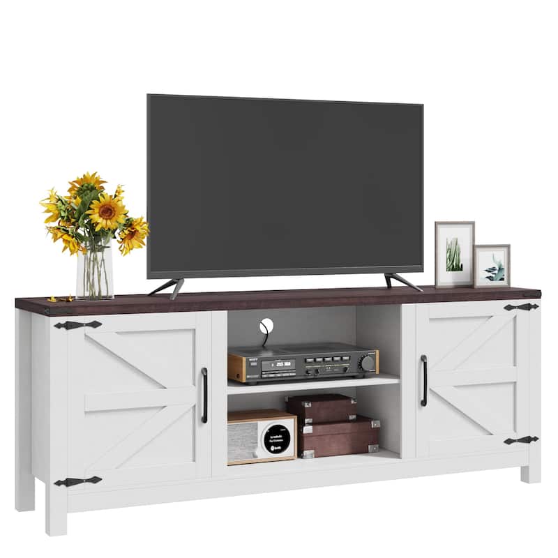 EROMMY Solid Wood TV Stand, Modern Entertainment Center with Glass Doors & Adjustable Shelves.