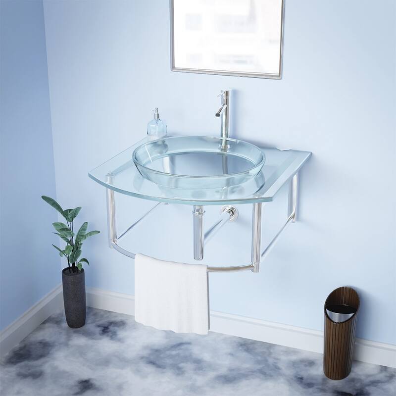Glass Wall Mount Console Sink Haiku 23.75" with Chrome Faucet, Drain and Towel Bar Renovators Supply