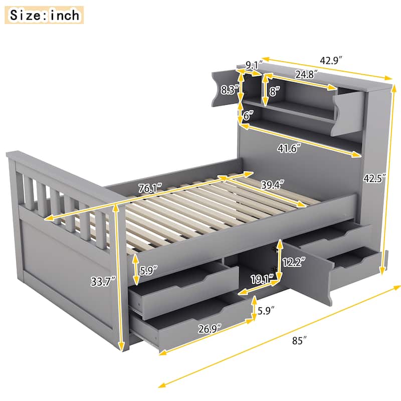 Gray Twin Size Captain Platform Bed with Four Drawers, Storage Bookcases and Shelves