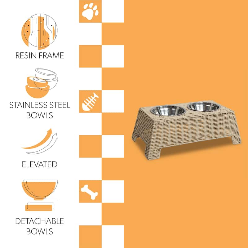 Serenity Elevated Pet Feeder 6.9" - Wicker Stand with 18oz Stainless Bowls