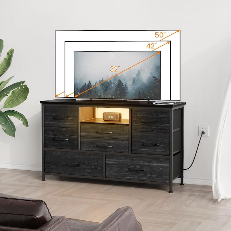 8-Drawer Fabric TV Stand with LED Lights & Built-in Power Outlets