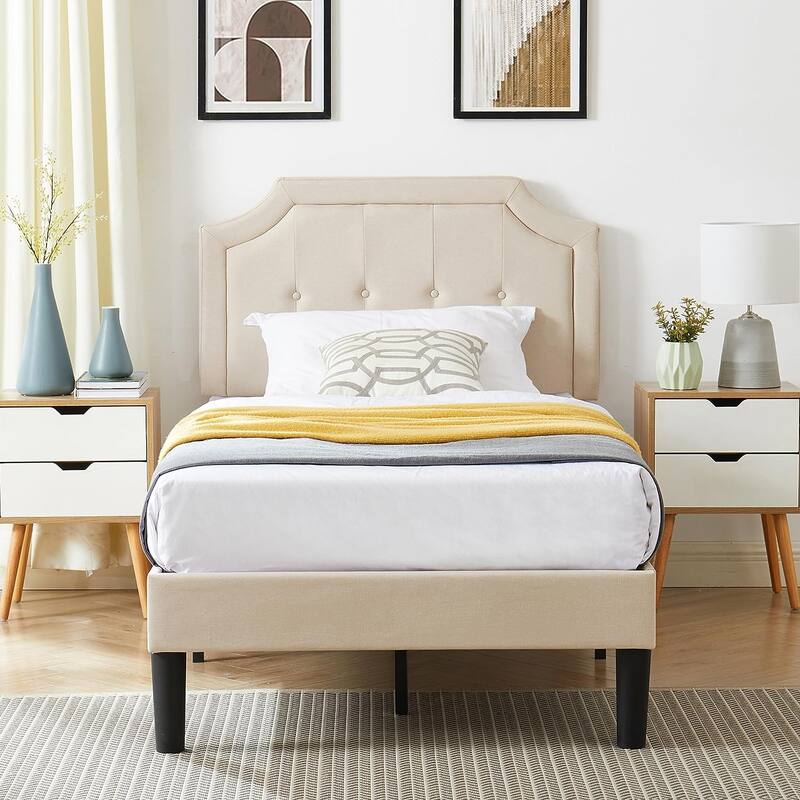 VECELO Upholstered Platform Bed Frame with Adjustable Headboard - Beige - Twin