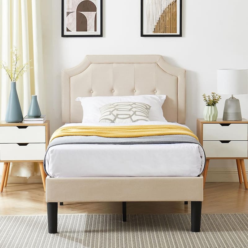 VECELO Upholstered Platform Kids Bed with Adjustable Headboard,Twin Size Bed Set of 2