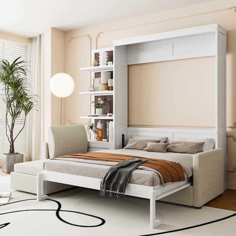 Queen Size Wall Bed with Sofa and Shelves, Space-Saving and Multifunctional