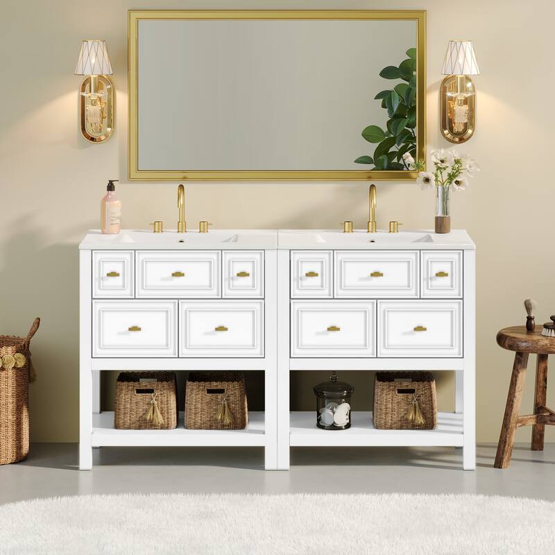 2-Piece Bathroom Vanity Set, 60" Bathroom Vanity Set with Ceramic Sink (Separate), Solid Wood Frame Bathroom Storage Cabinet - White - 60 Inch