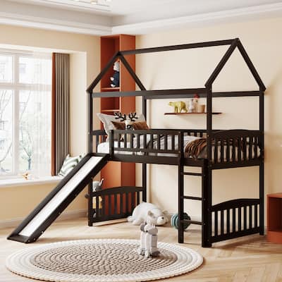 Twin Size Loft Bed with Slide, Playhouse Style, High Guardrails, and Storage Space, Perfect for Children's Rooms