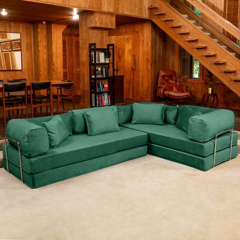 Jaxx Unsofa Modular Convertible Sectional Sofa with Fold Out King Sleeper Bed - L-Shaped Sectional. - Performance Microvelvet Peacock Green