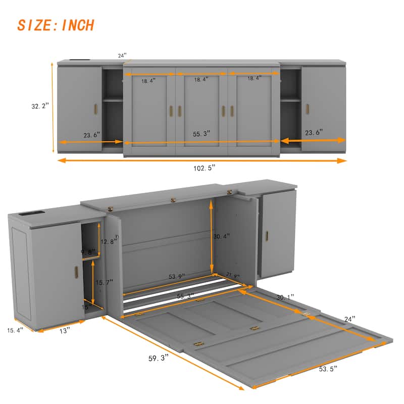 Full Size Murphy Bed Cabinet with Storage Shelves and USB Ports, Wooden Floor Bedframe, Foldable/Space Saving Design