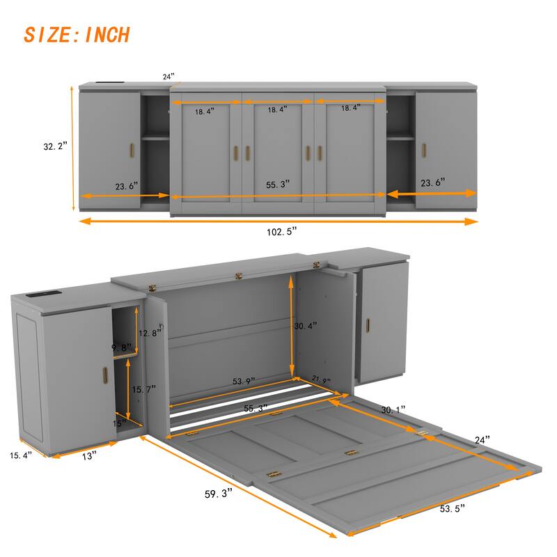 Murphy Bed Chest Storage Cabinets Bed with Shelves & Built-In Charger