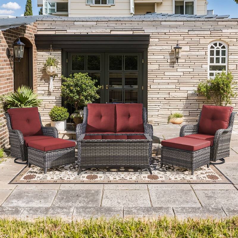 Pocassy Outdoor 4 Inch Sofa Swivel Chairs Table Ottoman - Grey Wicker Red Cushion - 6 Pieces 2-Seat Sofa Swivel Chair Table Ottoman