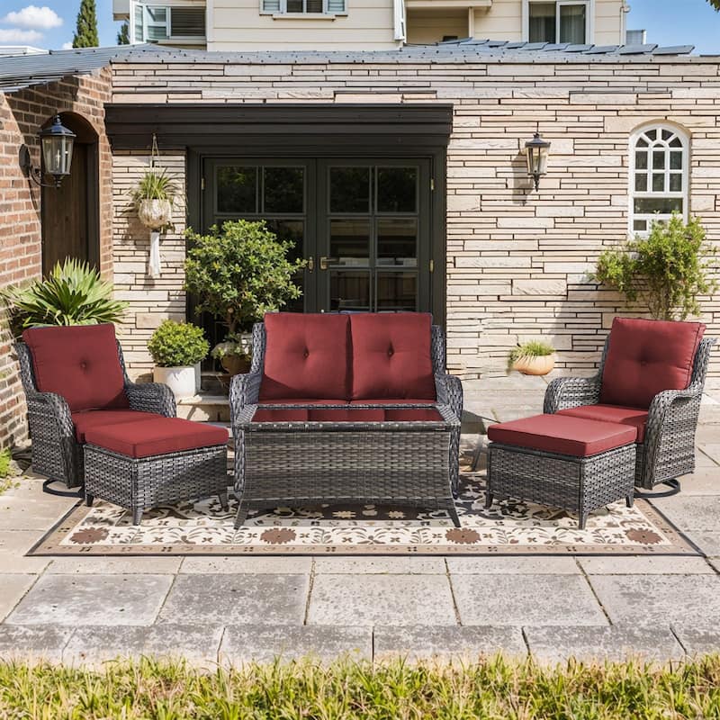 Pocassy Outdoor 6 Pieces 2-Seat Sofa Swivel Chairs Table Ottoman - Red cushion - Gray Wicker