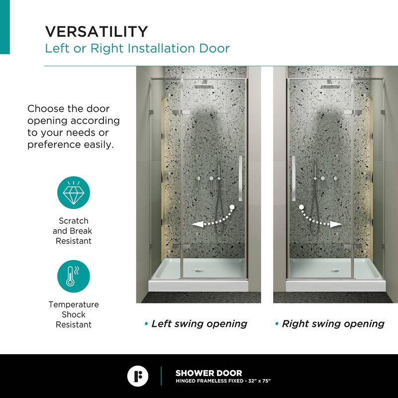 Fine Fixtures Hinged Clear Frameless Glass Shower Door Enclosure